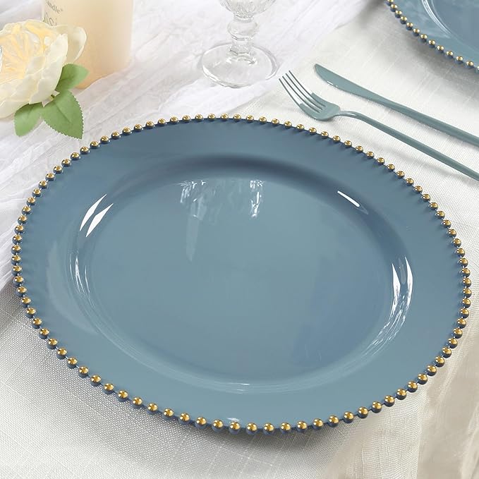 Efavormart 10-Pack Economy Plastic Charger Plates 13" Round Dusty Blue with Gold Beaded Rim - Stylish Dinner Party Serving Plates
