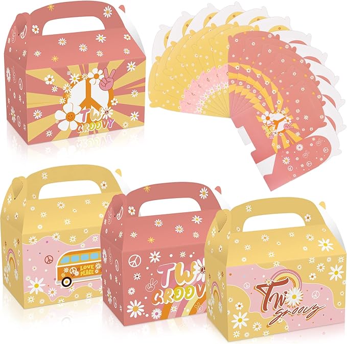 MIKIMIQI 12 PCS Groovy Boho Rainbow Hippie Party Decorations Boxes - Retro Daisy Party Gift Bags for Girls 2nd Birthday