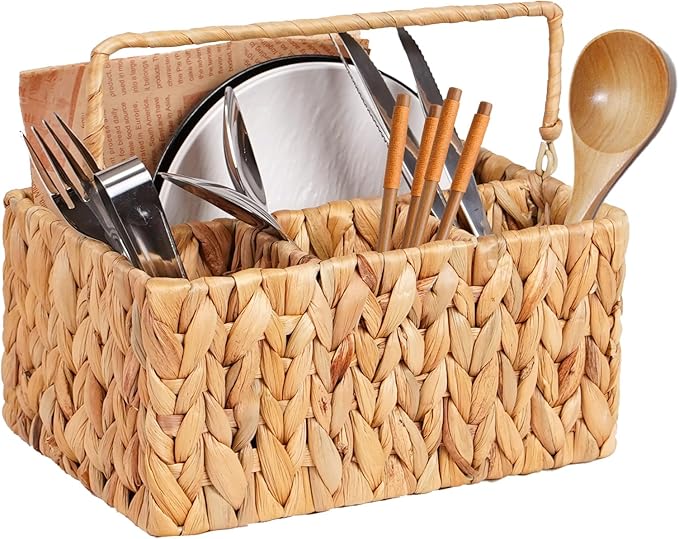 Hand-Woven Wicker Flatware Organizer - Water Hyacinth Cutlery Holder for Countertop with Handle,Utensil Holder for Table, Kitchen (Natural Water Hyacinth)