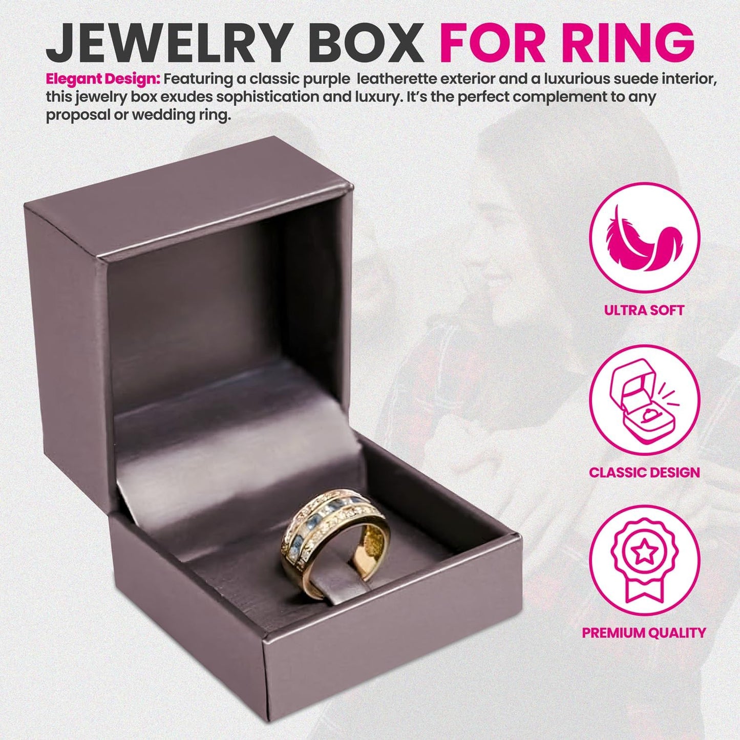 Novel Box Purple Jewelry Box for Rings 2.37x2.37x1.87 Inches - Tab Ring Gift Box for Proposal Wedding Engagement - Faux Leatherette Jewelry Display Box - Gift Presentation Boxes for Rings