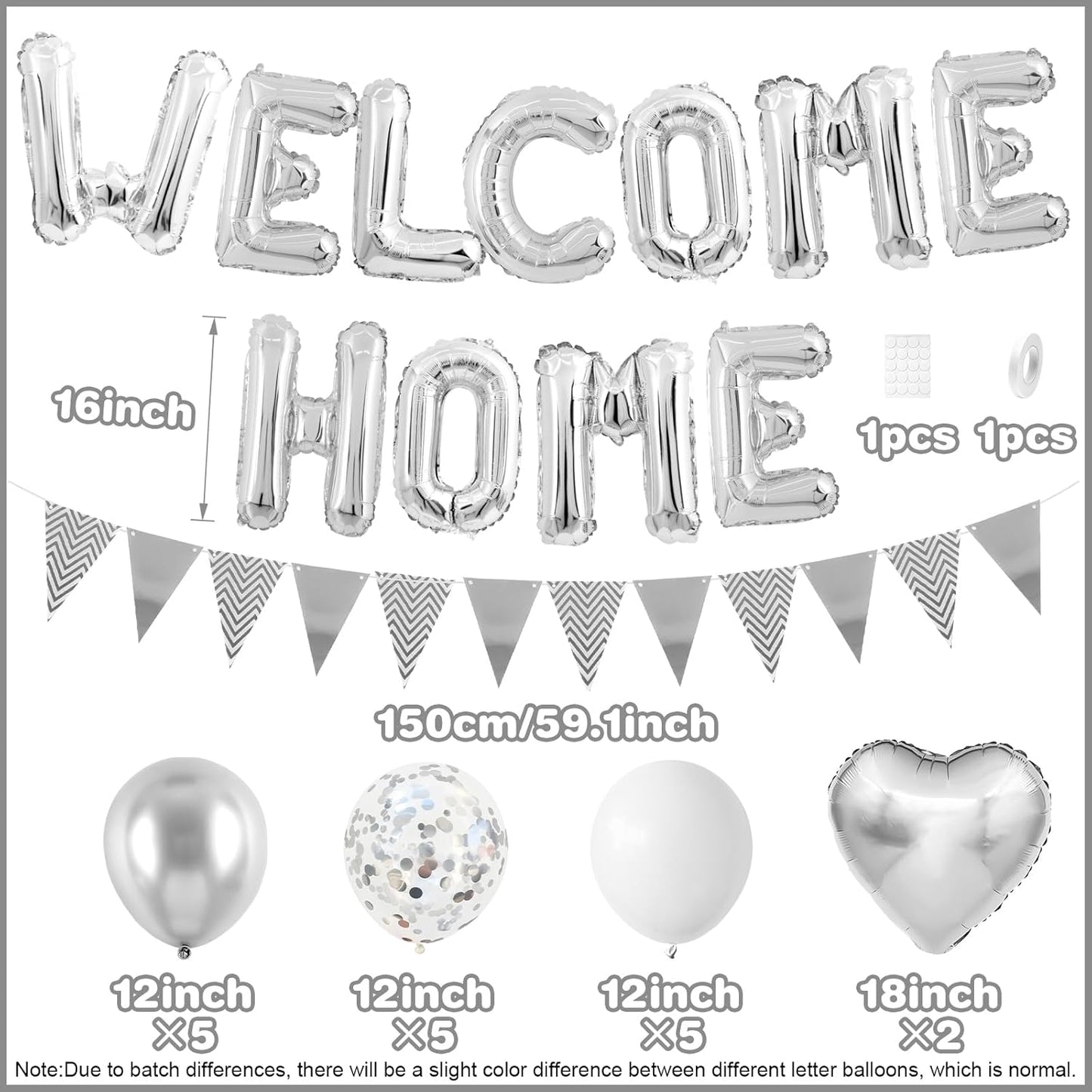 Welcome Home Decorations Silver,Welcome Home Foil Balloon Banner with Confetti Balloons,Silver Heart Balloons Pennant Flag Bunting for Housewarming Baby Shower Home Family Party Supplies