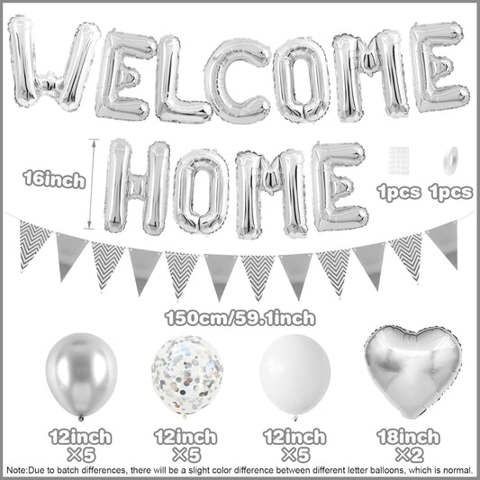 Welcome Home Decorations Silver,Welcome Home Foil Balloon Banner with Confetti Balloons,Silver Heart Balloons Pennant Flag Bunting for Housewarming Baby Shower Home Family Party Supplies