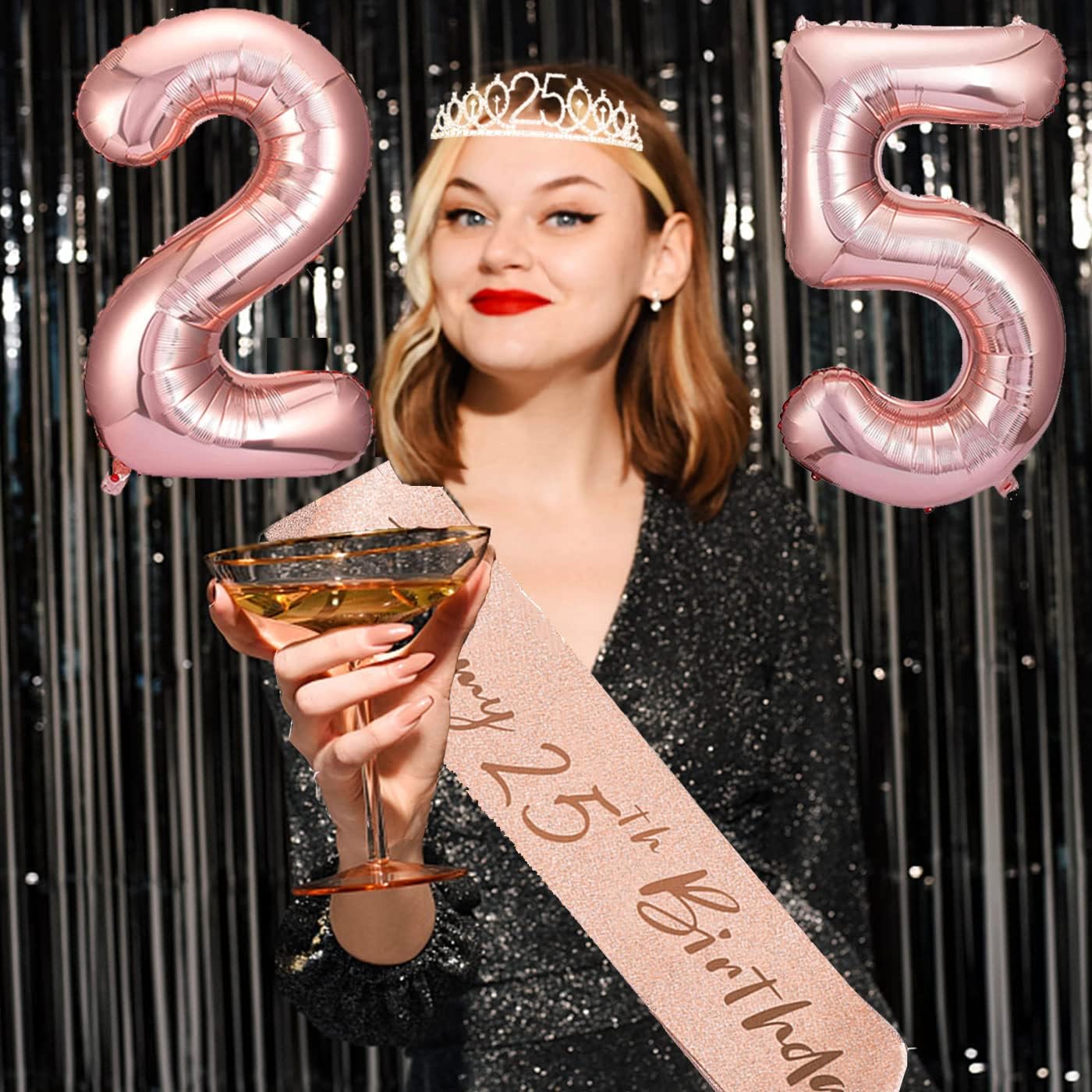 25th Birthday Decorations Gifts for Women, Including 25 year old Cake Topper, Queen Sash with Pearl Pin, Sweet Rhinestone Tiara Crown, Number Candles and Balloons Set, Rose Gold