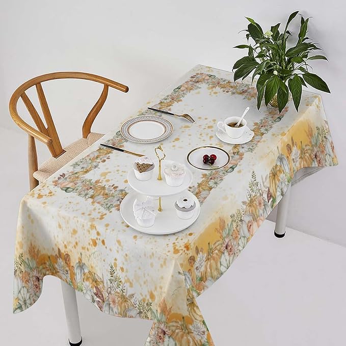 YCness Fall Tablecloth Thanksgiving Autumn Harvest Orange Watercolor Pumpkin Leaves Table Cover for Party Picnic Dinner Decor 60x90 Inch Rectangle