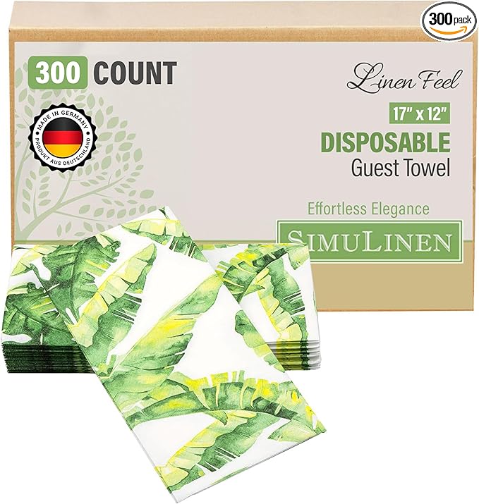 SimuLinen Paper Towels - Decorative Tropical Banana Leaves Design –- Cloth-Like, Linen-Feel for Guest Bathroom Essentials, Size: 12x17” (Pack of 300) Made in Germany