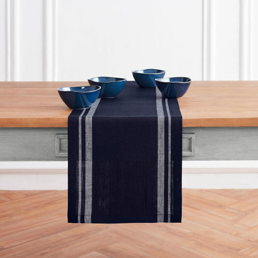 Solino Home Linen Table Runner 60 Inches - 100% Pure Linen White and Navy French Stripe Table Runner 14 x 60 Inch Ideal for Dresser and Coffee Tables - Christmas, Holiday