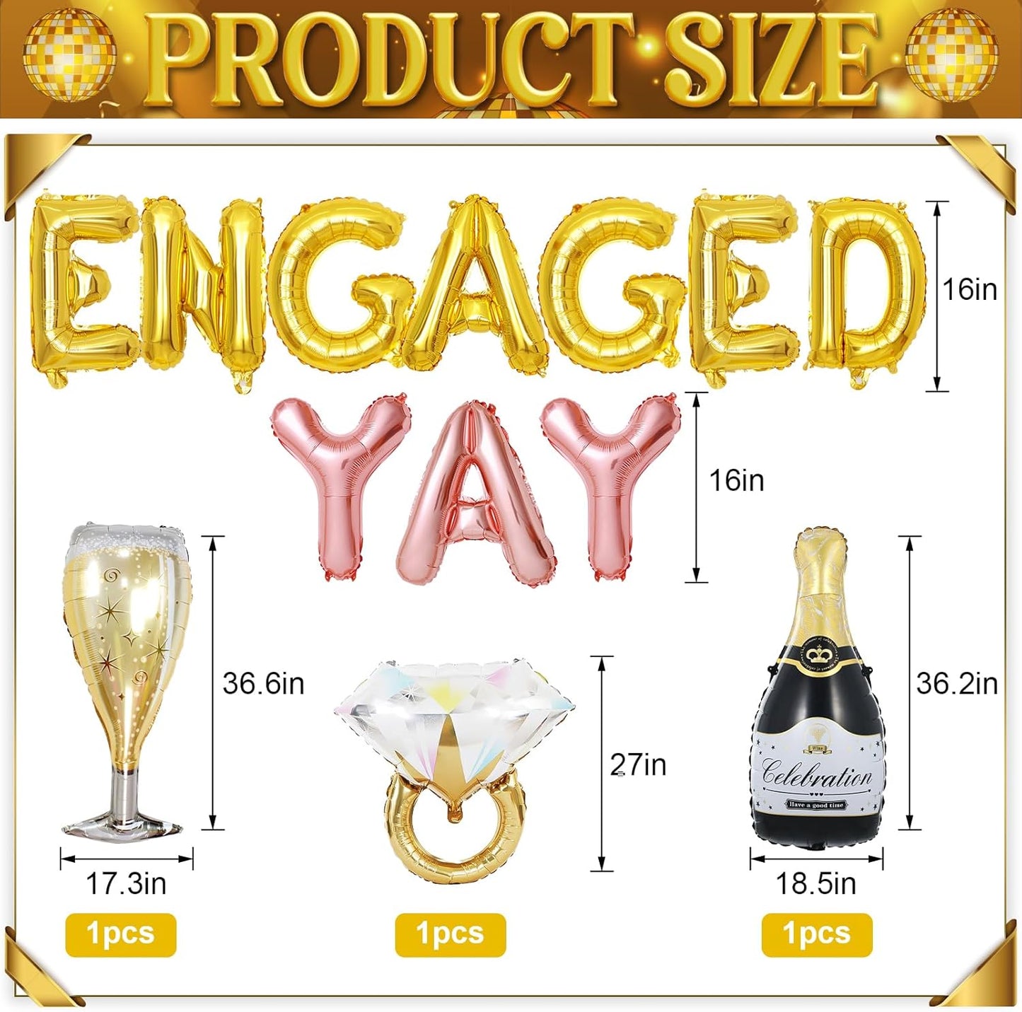 Gold Engagement Party Decorations, Engaged Yay Balloons Letters Banner, Diamond Ring Black Champagne Bottle Balloon Glass Foil Balloon for Bachelorette Engagement Wedding Bridal Shower Party Supplies