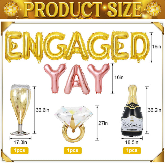 Gold Engagement Party Decorations, Engaged Yay Balloons Letters Banner, Diamond Ring Black Champagne Bottle Balloon Glass Foil Balloon for Bachelorette Engagement Wedding Bridal Shower Party Supplies