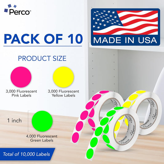 Perco 1-Inch Perforated Circle Dot Sticker Labels — 10 Rolls, 10,000 Round Fluorescent Stickers (4 Green, 3 Yellow, 3 Pink)—with Permanent Adhesive for Color Coding, Garage Sales, Crafts—Made in USA