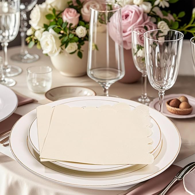 100 Pcs Milky White Napkins Scalloped Edged Dessert Cocktail Napkins Folded 5 x 5 Inches Disposable Napkins for Dinner Wedding Birthday Party