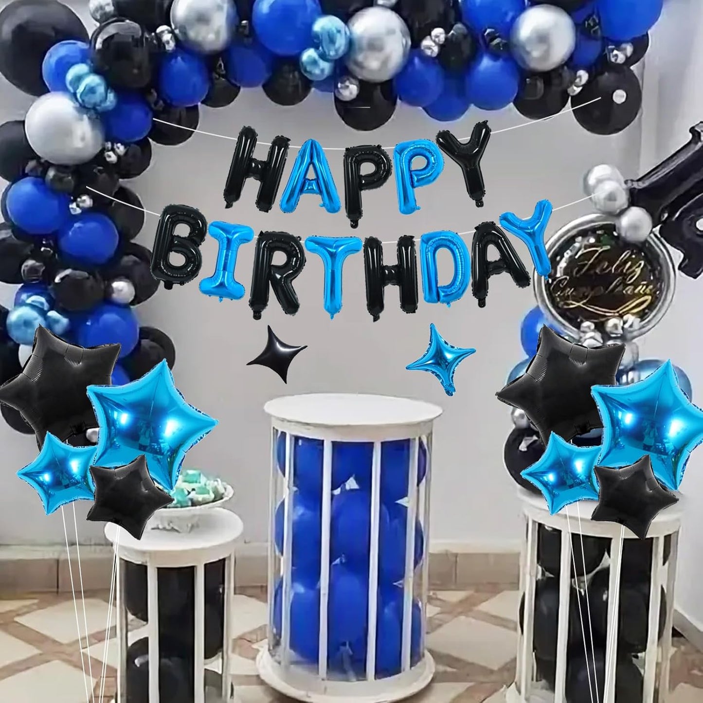 TONIFUL 35PCS Black Blue Happy Birthday Decorations Kit 16 Inch Happy Birthday Balloon Banner with Star Balloons Mylar Foil Birthday Party Decorations Supplies for Men Women Adults Girls Boys Kids