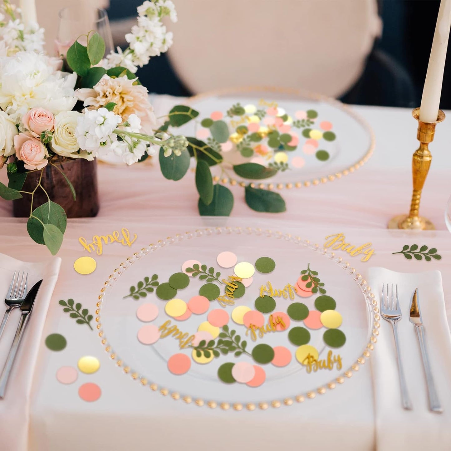 400 Pcs Sage Olive Green Baby Shower Confetti Scatter Decorations Peach Blush Pink Table Confetti Dots with Eucalyptus and Gold Baby Scatter for Gender Reveal Decor
