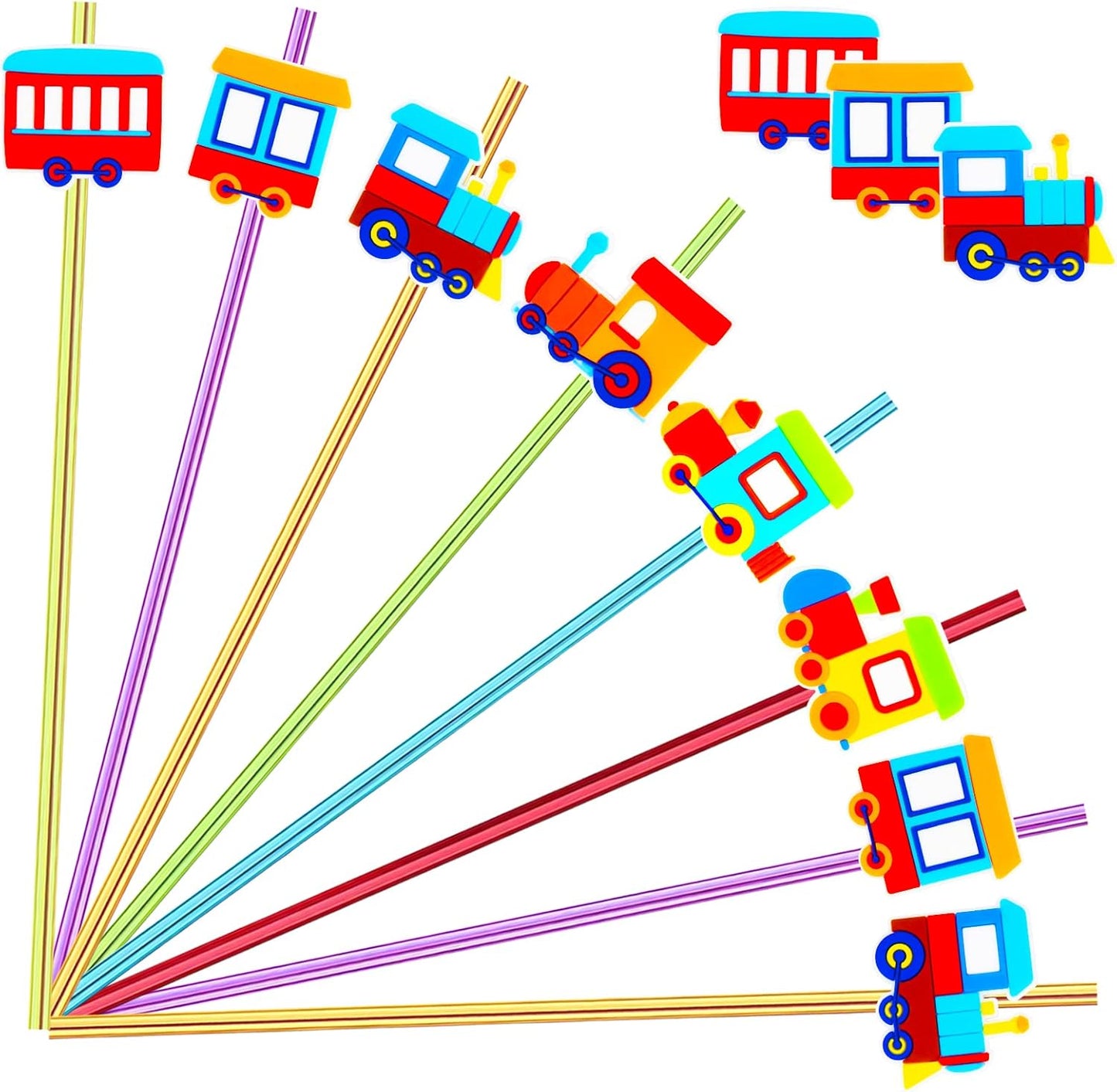 24 Pack Train Theme Reusable Plastic Straws - 6 Colors, Drink & Cocktail Straws with Cartoon Decoration - Kids Party Supplies & Birthday Favors - Includes 2 Cleaning Brushes