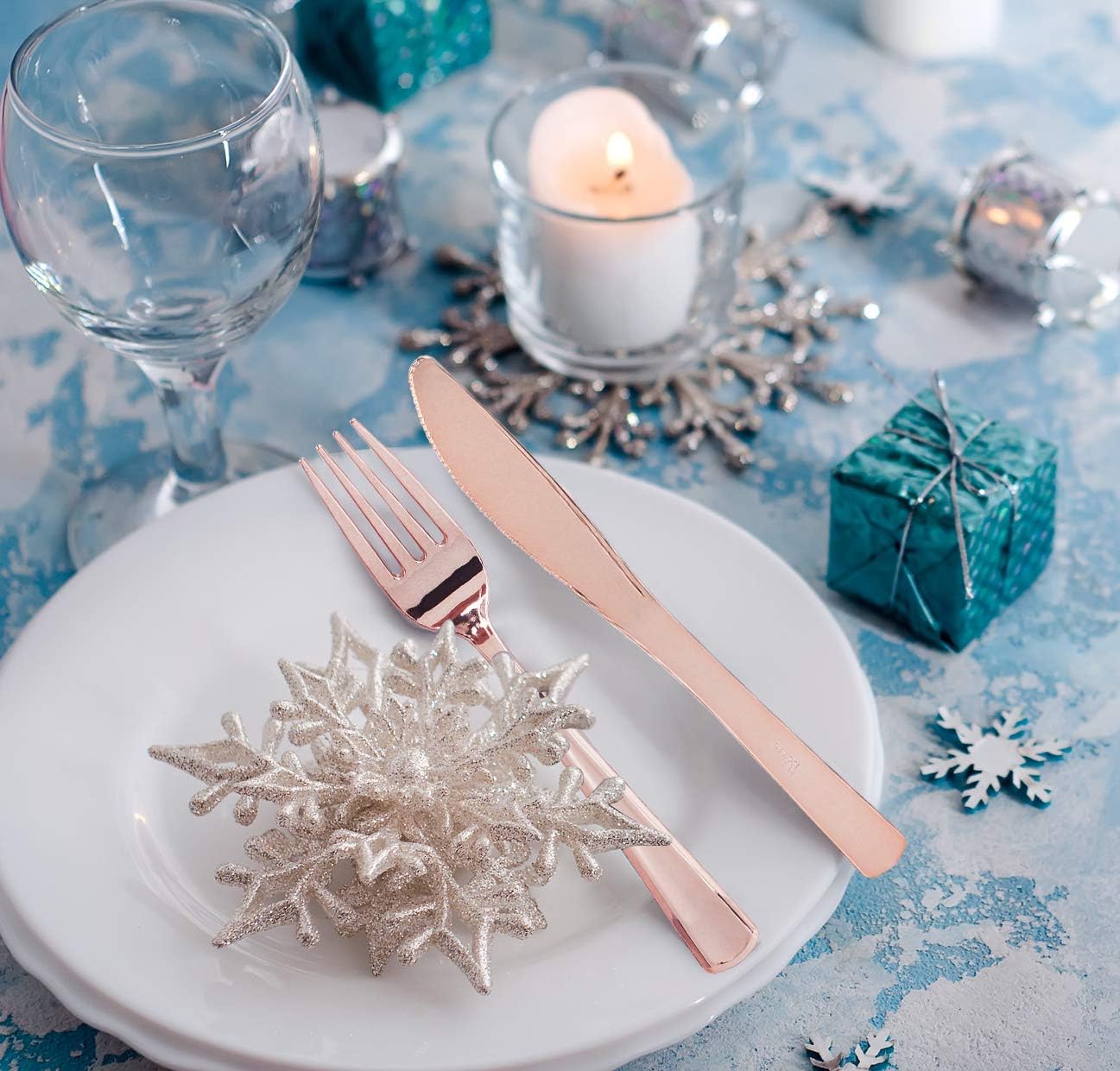 Supernal 60pcs Rose Gold Plastic Dinnerware Set Includes Rose Gold Plastic Plates and Disposable Silverware,Disposable Party Plates and Flatware Service for 12 Guest,Perfect for Birthday,Party,Wedding
