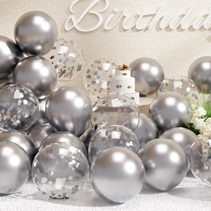 SUWEN Silver Metallic Balloons and Confetti Balloons Set 47PCS Latex Helium Chrome Silver Balloon for Birthday Graduation Anniversary Party Decorations