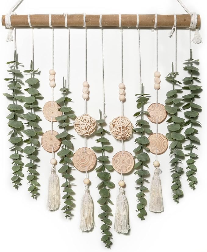 Boho Bathroom Decor Artificial Eucalyptus Hanging Wall Decor Fake Greenery Leaves Plants Wicker Ball on 16.5 inch Stick Rustic Farmhouse Natural Bedroom Kitchen Nursery Office Decorations