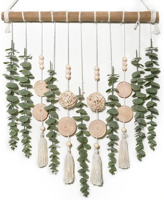 Boho Bathroom Decor Artificial Eucalyptus Hanging Wall Decor Fake Greenery Leaves Plants Wicker Ball on 16.5 inch Stick Rustic Farmhouse Natural Bedroom Kitchen Nursery Office Decorations