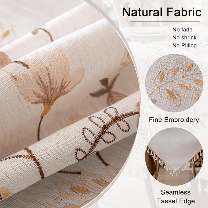 Joyfol Day Rustic Rectangle Table Cloth, Heavy Duty Linen Florals Embroidery Tablecloths, Farmhouse Waterproof Tablecloth, Wrinkle Free Table Cover with Tassels, Coffee Berry, 55''x 120''