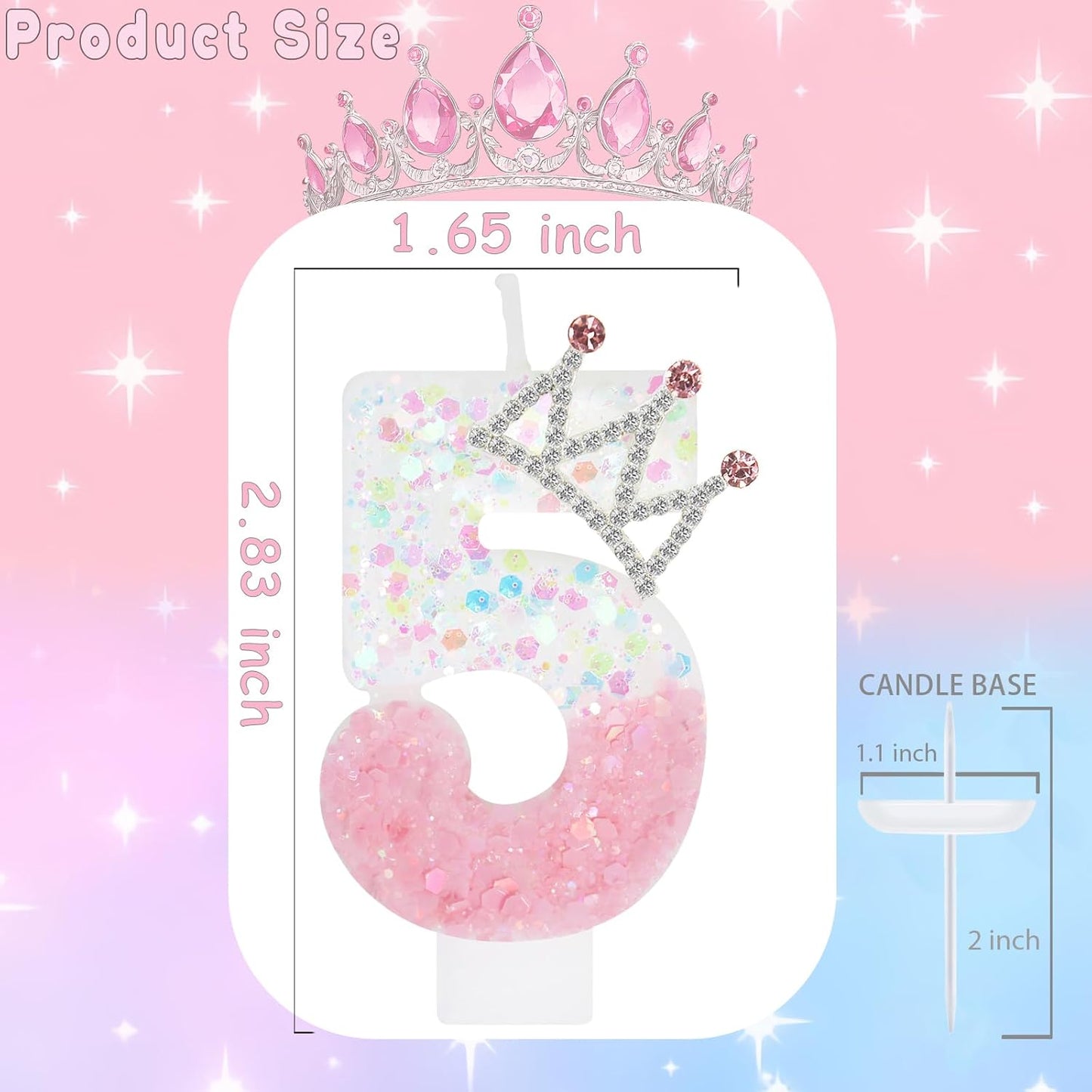 Pink White Number 5 Candle, Glitter Crown Cake Topper, Princess Birthday Party Decorations for Girls and Women Anniversary Celebrations Party Favors