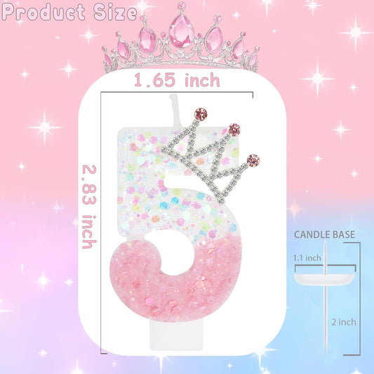 Pink White Number 5 Candle, Glitter Crown Cake Topper, Princess Birthday Party Decorations for Girls and Women Anniversary Celebrations Party Favors