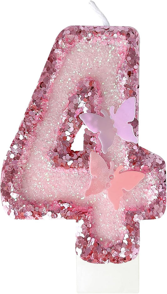 4th Birthday Candles，Glitter Butterfly Cake Toppers Pink Sequins Wedding Numeral Cupcake Decorations，Suitable for Girl and boy Wedding Cakes, Party Celebrations, Birthday Decorations