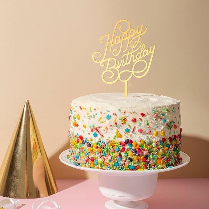 6 Pcs Gold Happy Birthday Cake Topper Side Mirror Acrylic Cake Topper Happy Birthday Cake Sign Decorations Gold Cake Inserts Cake Decor Supplies Golden Cupcake Toppers for Birthday Party Cake Dessert
