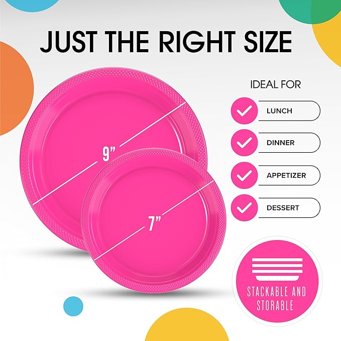 Party Solids Hot Pink Plastic Plates For Party Supplies, Hot Pink Disposable Plates 100 Pieces - 50-7" & 50-9" Heavy Duty 350 GSM Disposable Dinnerware Sets, Plastic Dinnerware Sets