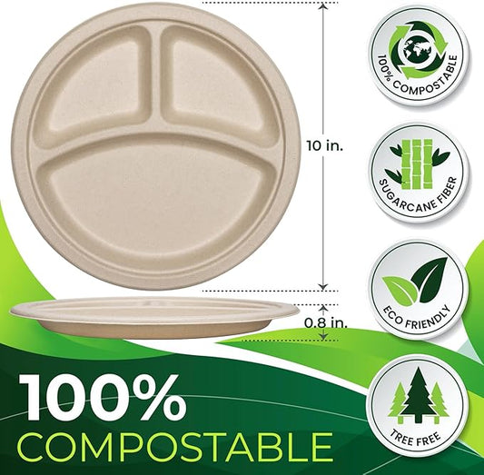 150PCS 100% Compostable 10in Brown Paper Plate, 3-Compartment Heavy Duty Disposable Plates, Eco-Friendly Sectional Plates, Biodegradable Divided Plates Made of Sugarcane Fiber