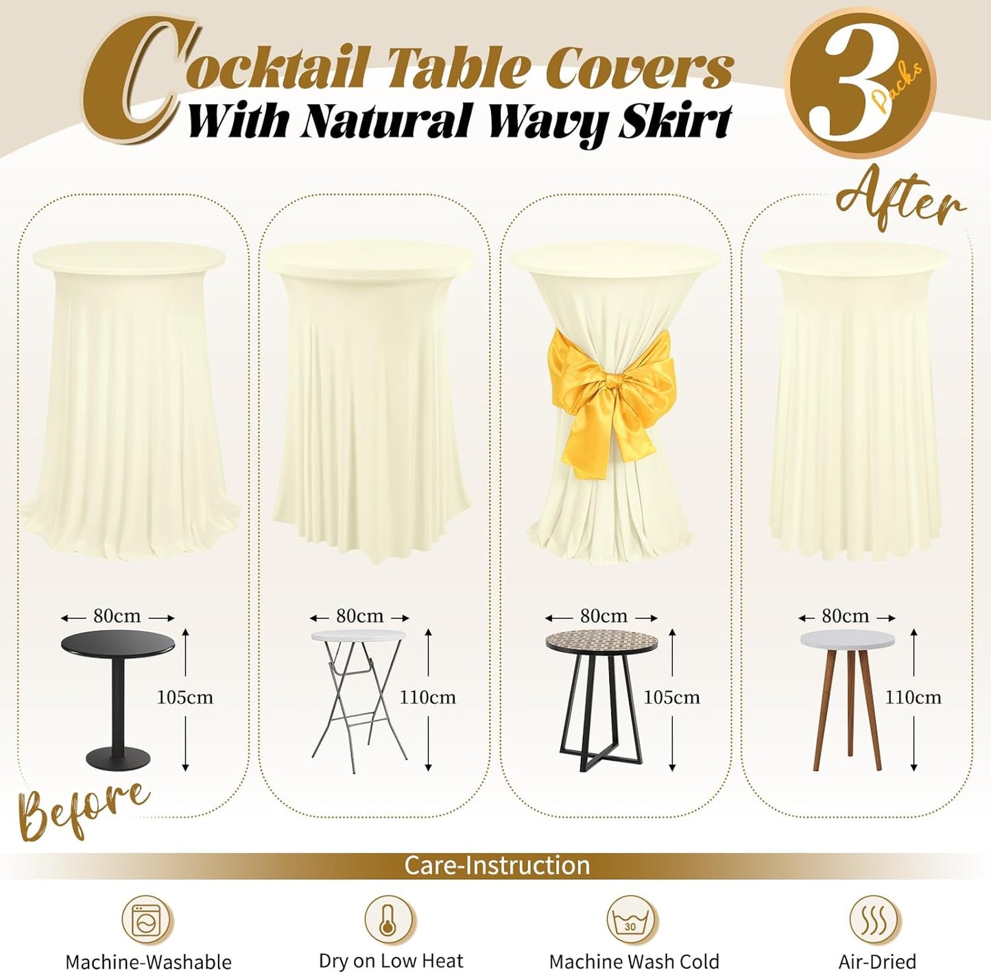 3 Packs Cocktail Table Covers Beige Round Bar Table Cloth Off White 32"x 43" Spandex Stretch High Top Table Covers with Wavy Drapes Fitted High Top Table Cloth for Party Wedding Banquet Bar Table