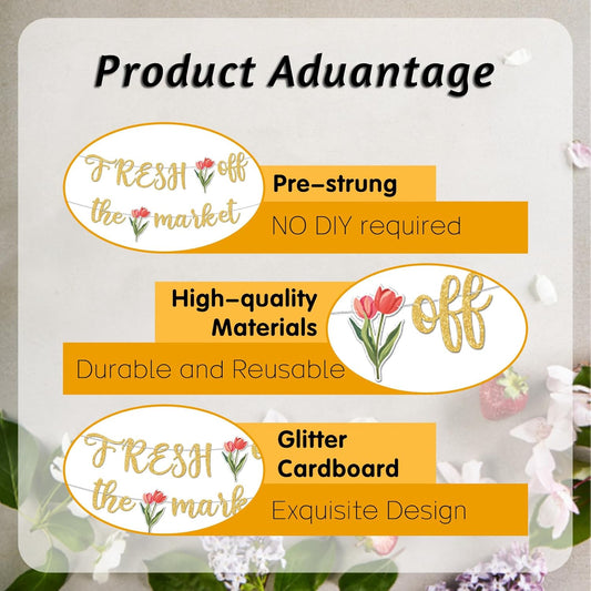 Fresh Off The Market Bridal Shower Banner, Gold Glitter Farmers Market Floral Theme Wedding Banner for Bachelorette Wedding Engagement Party Decorations Supplies, No DIY.