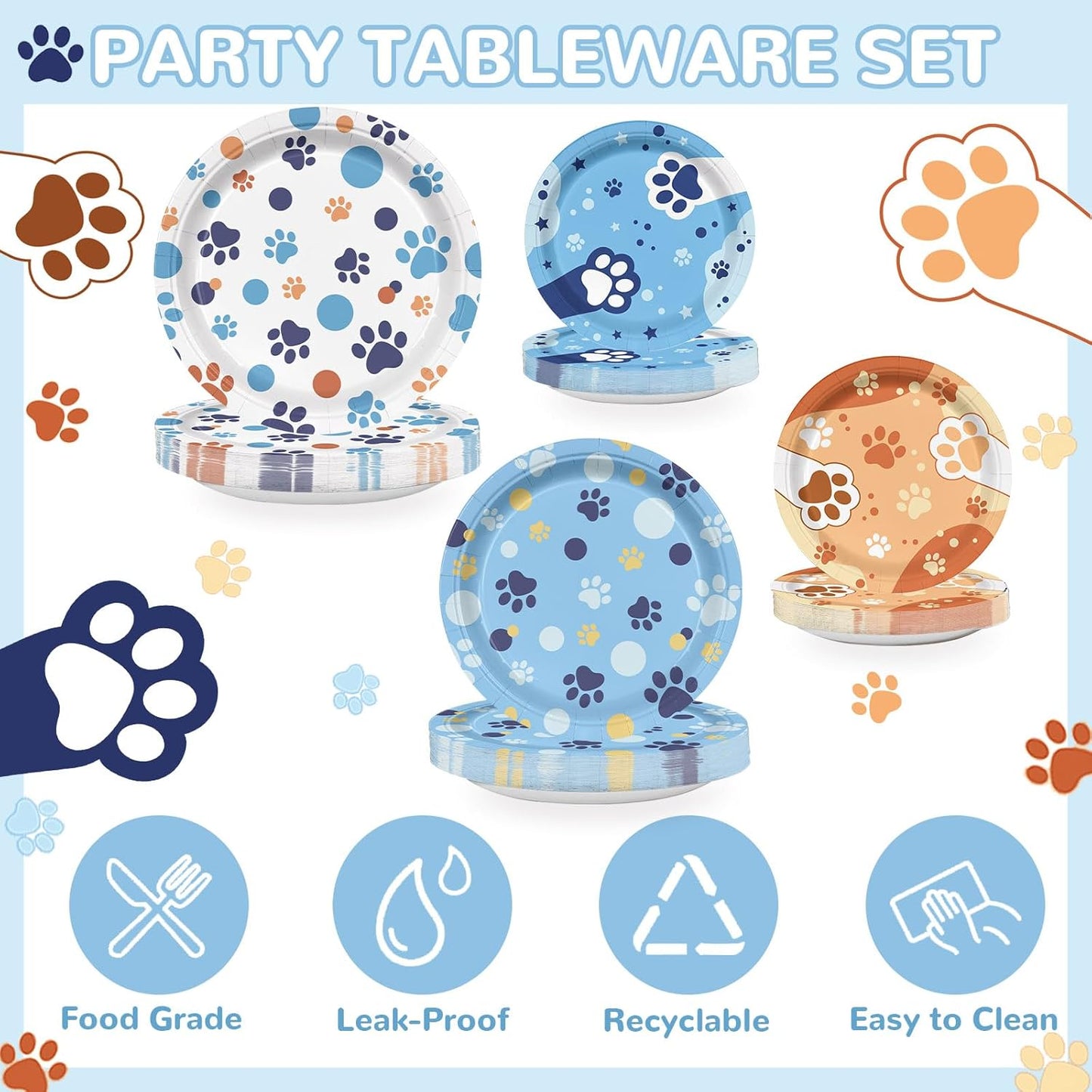 168Pcs Blue Orange Dog Birthday Party Supplies for Boys Girls Kids 1st 2nd Cartoon Puppy Babyshower Party Decorations Paw Paper Plates Napkins Cups Forks Knives and Straws Tableware Serve 24 Guests