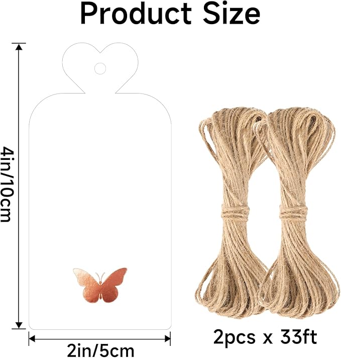 joycraft 100Pcs Gift Tags with String, 4x2 in Blank Tags with Rose Gold Foil Butterfly, White Paper Labels for Birthday, Wedding, Baby Shower, Valentine’ s Day, Christmas