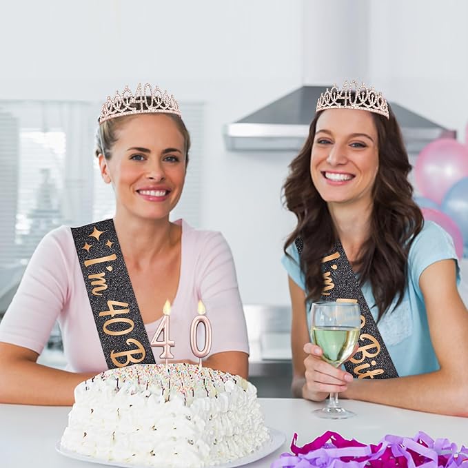 40th Birthday Decoration for Women with I'm 40 Bitches Sash, Rose Gold Tiara, Rose Gold Numbers 40 Candles, Sincere 40th Birthday Gifts for Women