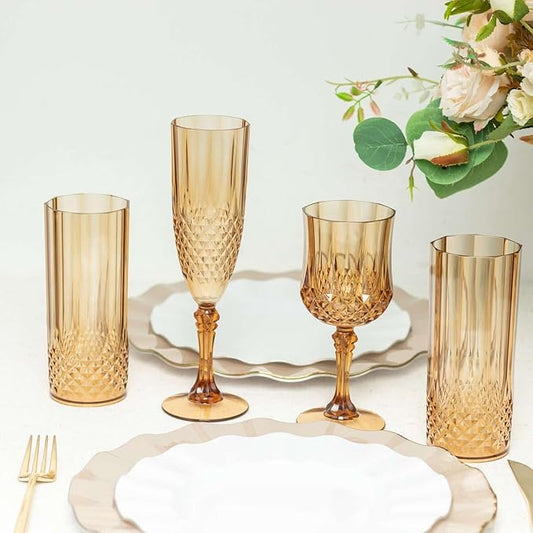 Efavormart 6-Pack Champagne Glasses, 8oz Shatterproof Plastic Crystal Cut Toast Flutes, Amber Gold for Party Celebration Wedding