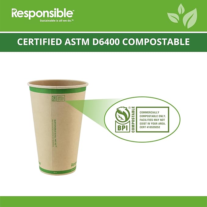 Responsible Products Certified Compostable 16 oz Paper Cups, Cold ＆ Hot Coffee Cups, Disposable Paper Cups, Extra Strength Disposable Cups, Made without PFAS (50 count)