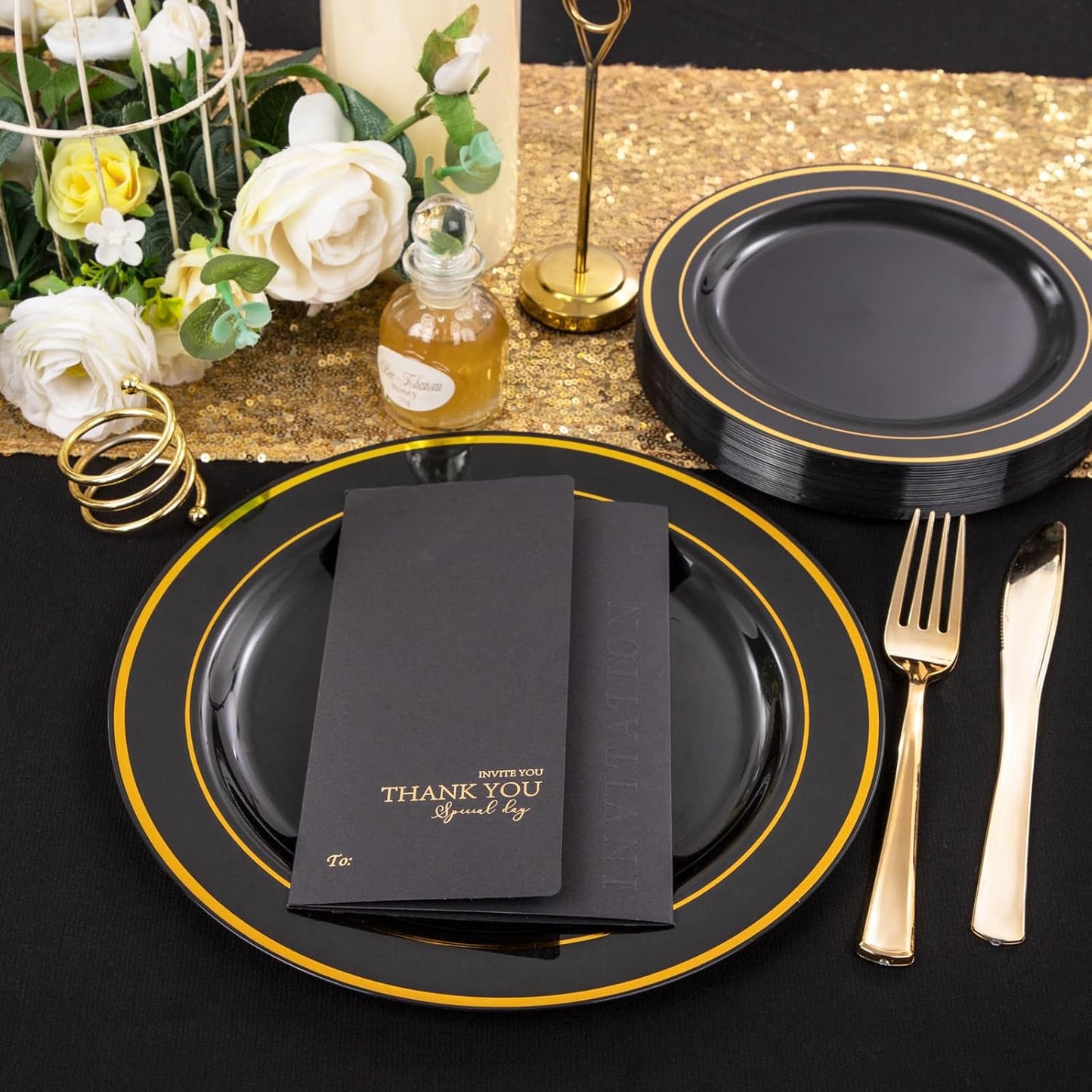 FLOWERCAT 100PCS Black and Gold Plates - Heavy Duty Black Plates Disposable for Halloween Party/New Year - Include 50PCS 10.25inch Dinner Plates - 50PCS 7.5inch Dessert Plates