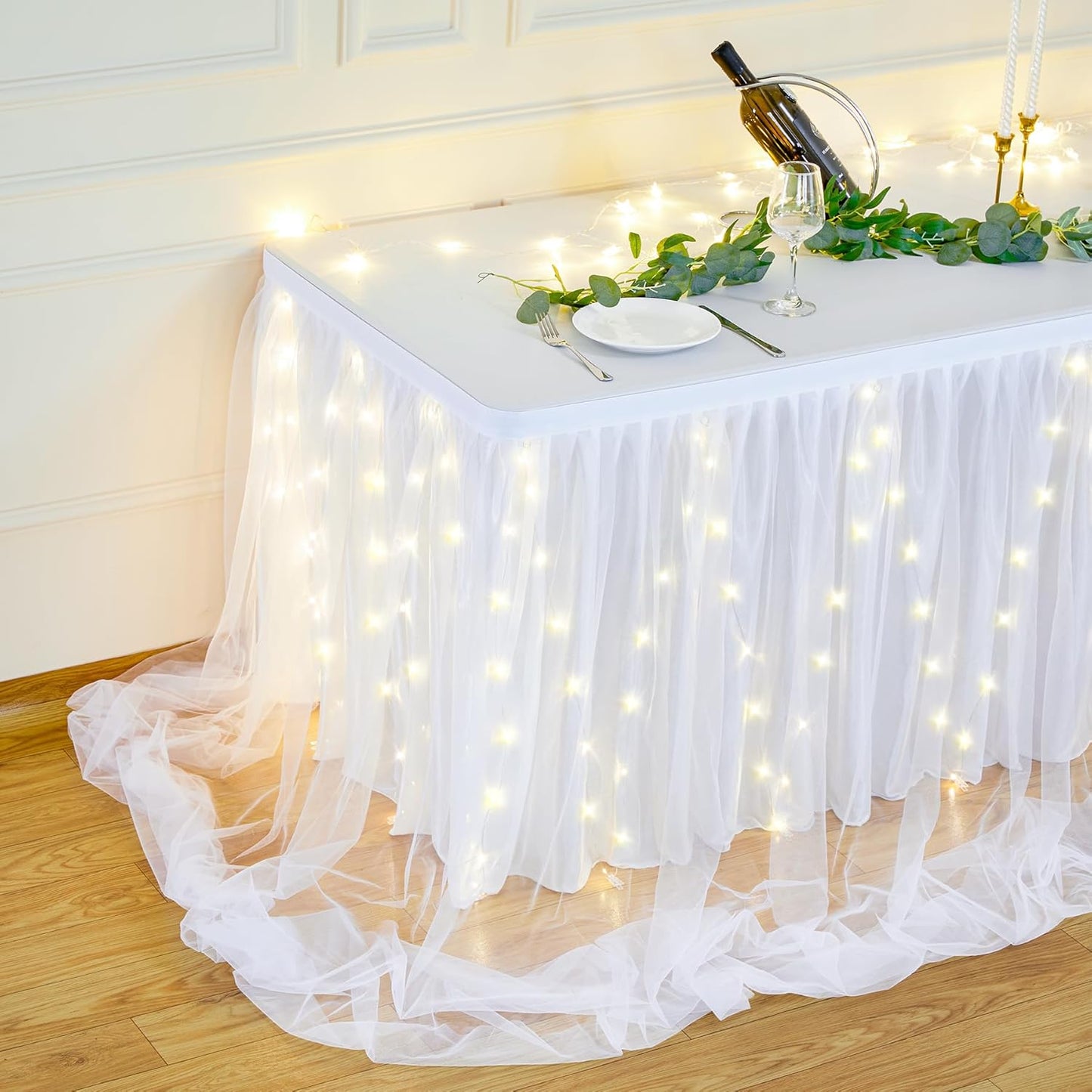 17FT White Tulle Table Skirt for Rectangle or Round Tables, White Tutu Table Skirt with LED Lights for Princess Girl Birthday Party Baby Shower Gender Reveal Wedding Banquet Cake Dessert Decorations