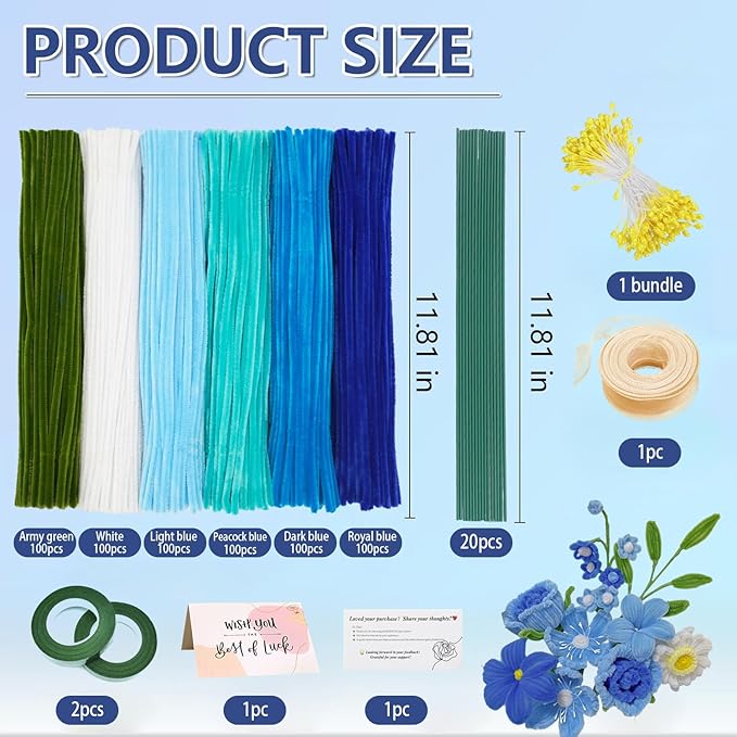 AHAMETON 620 Pcs Blue Pipe Cleaners Bulk,6 Colored Pipe Cleaners Craft,Chenille Stems for DIY Flower Bouquet Kit with Floral Wire,Creative Gift Eternal Flowers Supplies for Party Decorations