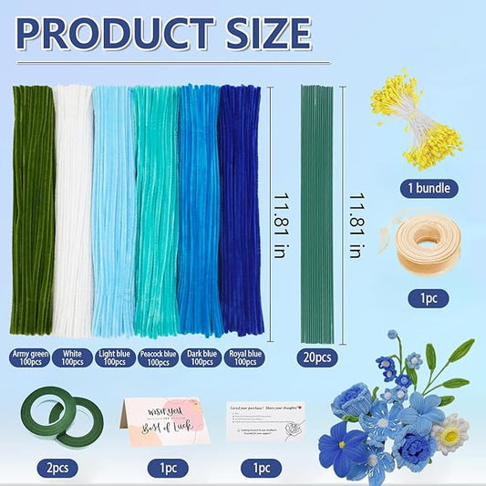 AHAMETON 620 Pcs Blue Pipe Cleaners Bulk,6 Colored Pipe Cleaners Craft,Chenille Stems for DIY Flower Bouquet Kit with Floral Wire,Creative Gift Eternal Flowers Supplies for Party Decorations