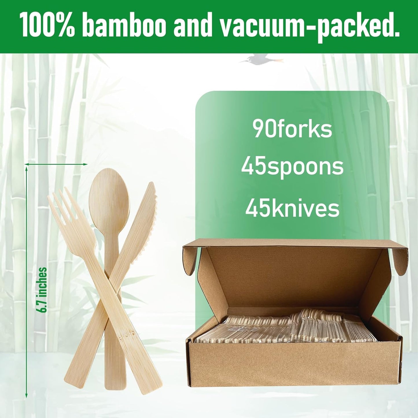 Disposable Bamboo Cutlery (90forks 45spoons 45knives) Reusable 100% Compostable Biodegradable Sustainable flatware Wooden Plastic Alternatives Durable utensils Parties Picnics Weddings