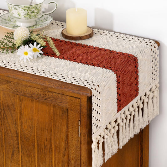 Socomi Boho Table Runner Macrame Long Fall Thanksgiving Farmhouse Woven Cotton Linen Rustic Coffee Table Runner with Tassels for Dresser Scarf Home Decor Dining Room 12x108 inch Terracotta Ivory