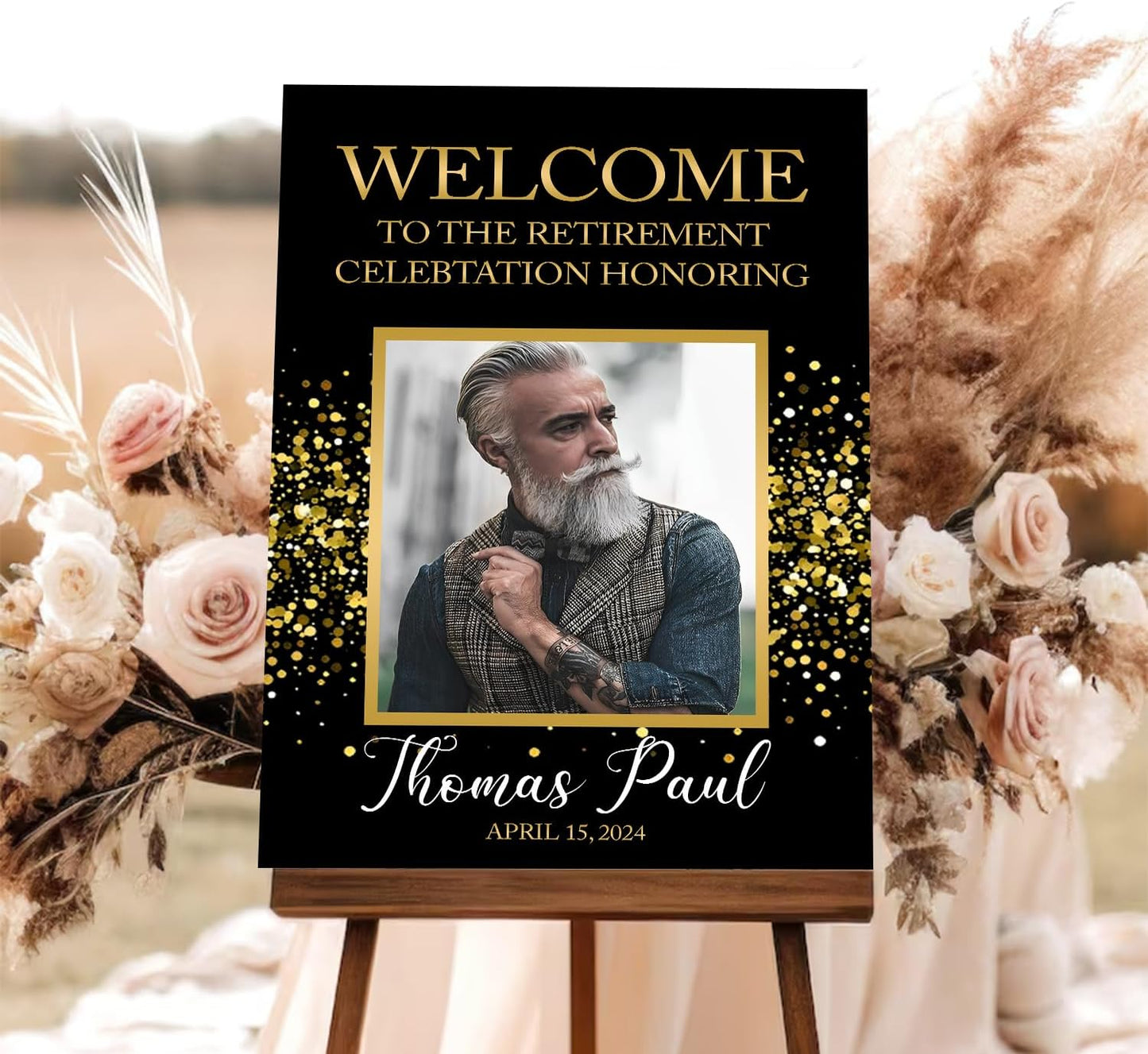 Retirement Celebration Welcome Sign Template - Floral Buffet Sign, Black and Gold Photo Party Decor