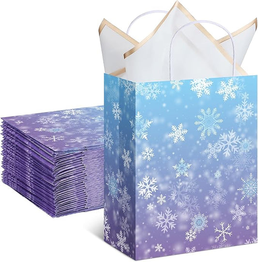 ReliThick 30 Pcs Snowflake Paper Bags Iced Candy Treat Goodie Gift Bags with Handle Blue and Purple Party Favors for Princess Holiday Birthday Wonderland Party Supplies (8.27 x 10.63 x 4.33 inches)
