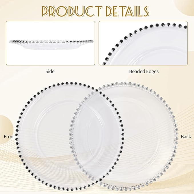 24 PCS Clear Round Charger Plates with Beaded Rim, 13 Inch Plastic Acrylic Plate, Plastic Round Beaded Dinner Decorative Service Plates for Wedding Party Event, Home Kitchen Tabletop(Black)