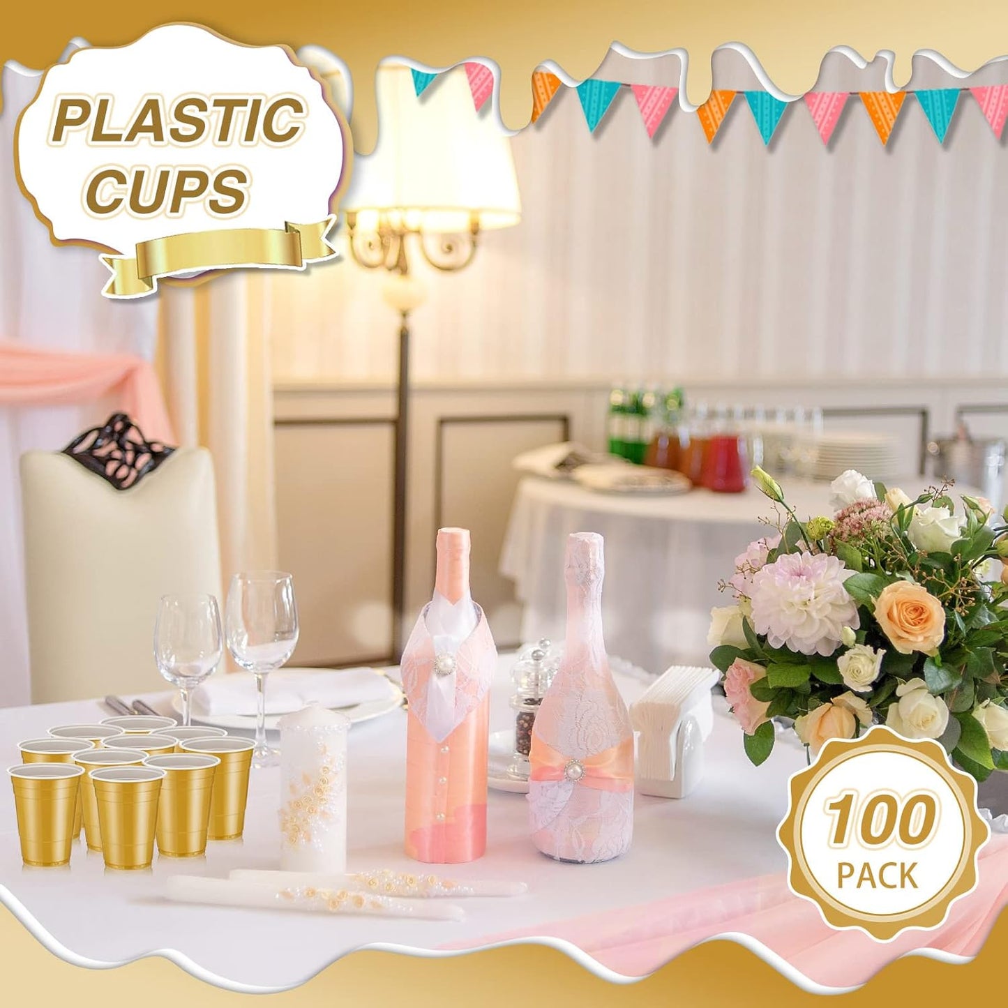 Lounsweer 100 Pack 16 Ounce Christmas Plastic Party Cups Disposable Heavy Duty Drinking Water Cups for Holiday Christmas Festival Wedding New Year Birthday Party Supplies(Gold)