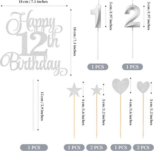 12th Birthday Cake Decorations, 12th Birthday Candles Cake Numeral Candles and Glitter Happy 12th Birthday Cake Toppers Set for Birthday Party Supplies (Silver)