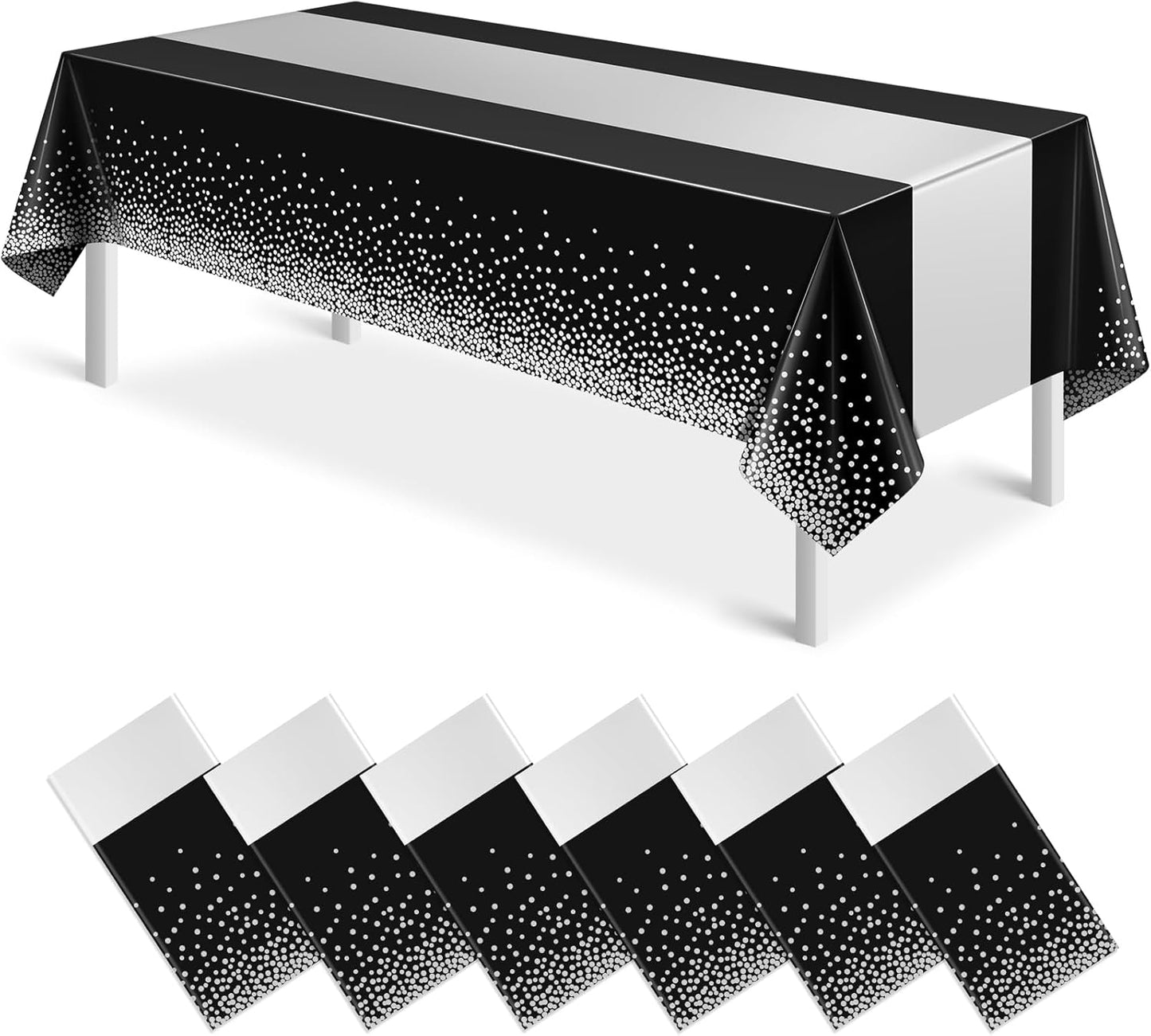 6Pcs Black and Silver Tablecloth Party Decorations,Plastic Black Table Cloth Printed Silver Table Runner Disposable Rectangle Table Cover for Birthday Anniversary Wedding Graduation Party,54 x108 Inch