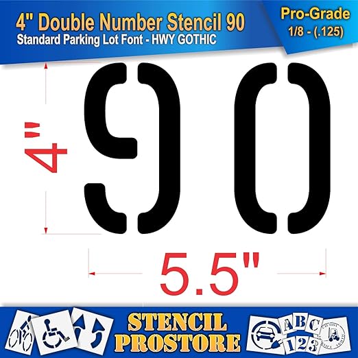 Pavement, Curb, and WheelStop Stencils - 4 inch Double Number Stencil - (90) - 4" x 5.5" x 1/8" (128 mil) - Pro-Grade