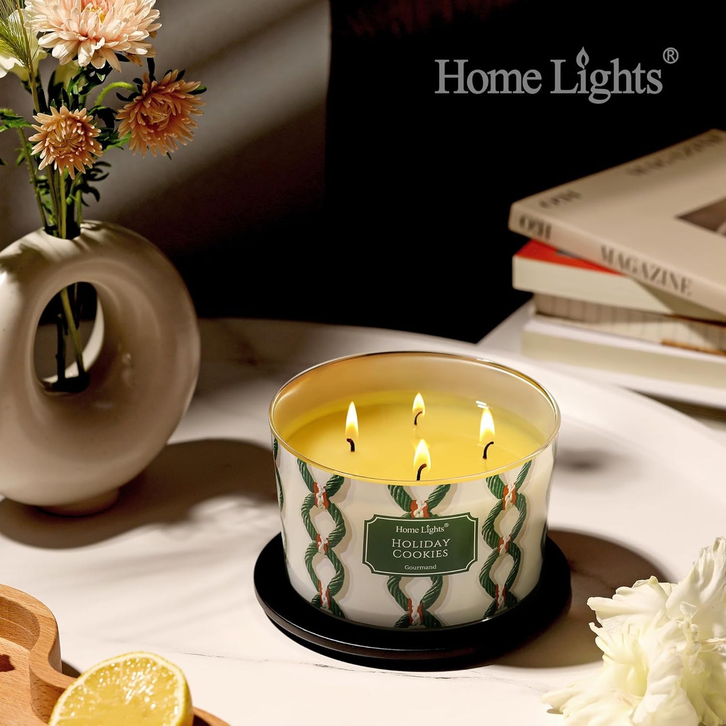 HomeLights 4-Wick Candles for Home Scented - 18oz Soy Wax Blend Candle Long-Lasting Fragrance, Rustic Modern Home Decor and Housewarming Gifts, Holiday Cookies