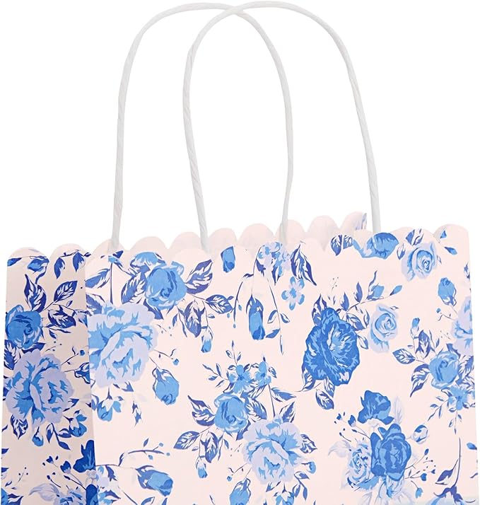 Sparkle and Bash Floral Party Favor Bags - 24-Pack, 10 x 8 x 4 In, Blue & Pink - Reusable Paper with Handles for Thank You Gift Bags at Wedding, Bridal & Baby Shower